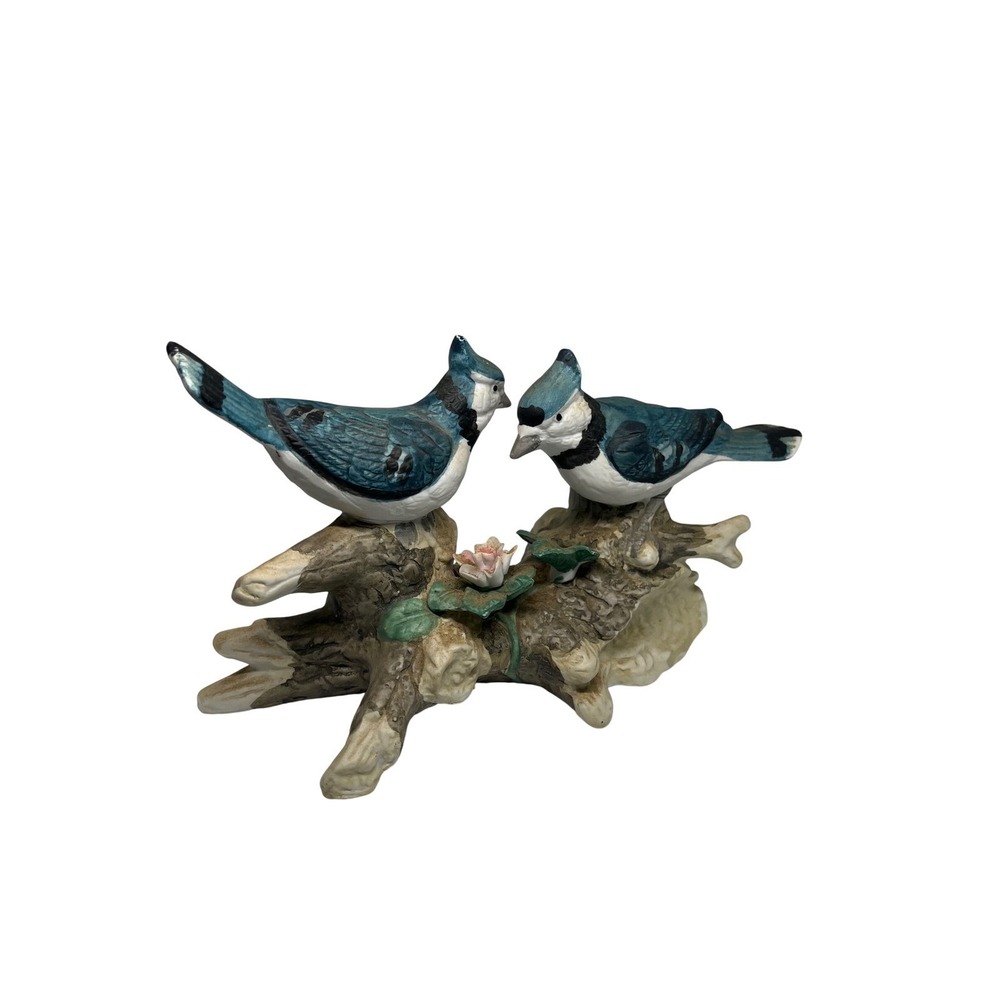 Decorative Blue Jay Bird Figurine Perched on Branch with Flower